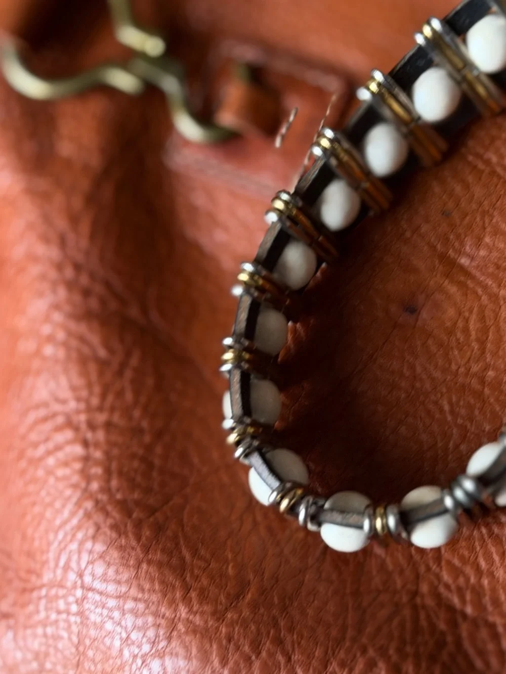 Vintage Brown and Cream Leather Belt with Studded Accent